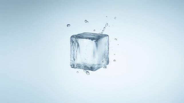 Image of a single ice cube suspended in the air on a white background.