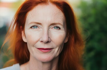 Fototapeta premium Mature woman redhair smile. Generate Ai