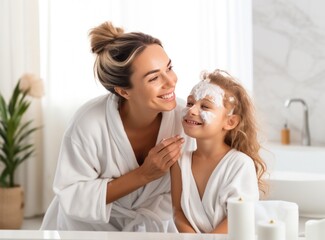 Obraz na płótnie Canvas A woman and daughter doing face cream