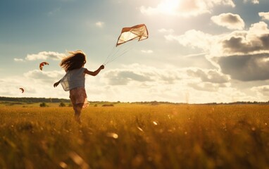 A girl running on a field with a kite flying