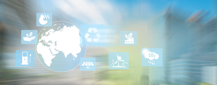 Sustainable development icons with Motion blur of urban city background.