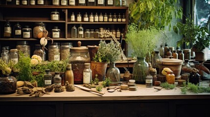 Herbal apothecary aesthetic concept. Natural dried plants herbs, spices, flowers ingredients in vintage inspired pharmacy. Organic alternative medicine. AI illustration.. - obrazy, fototapety, plakaty