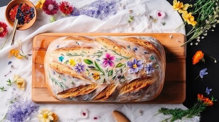 Bread painted with food coloring, hand-painted breads crust, tasty and healthy bun, bright food coloring. Handmade painting sourdough art DIY homemade design hobby. AI photography.