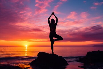 silhouette of a fit woman doing yoga on beach. sunrise sky. healthy lifestyle