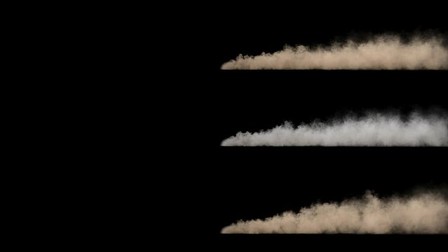 Side View Of Dust Trails isolated on black with alpha channel, 30 FPS.