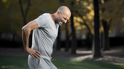 Man suffering from low back and loin pain at park.