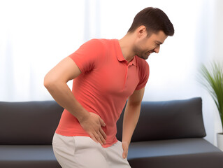 Asian man suffering from abdominal pain. AI generated