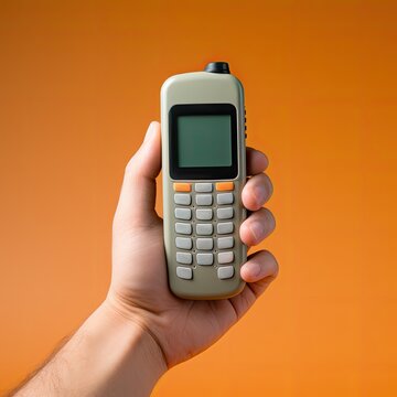 Man's hand holding a push-button mobile phone. Old fashioned. Dumb phone