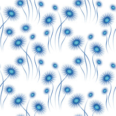 Blue abstract dandelions on a white background. Floral seamless pattern