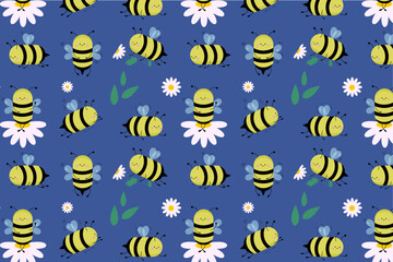 seamless pattern cute bees in different poses with cartoon style