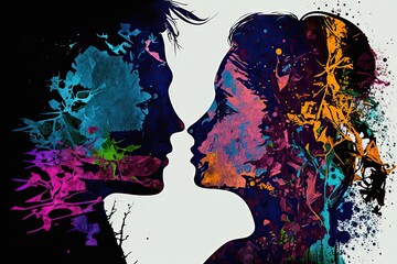 Double exposure of man and woman in profile. Colorful background