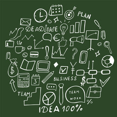 Business hand-drawn doodles, on a green background, business infographics