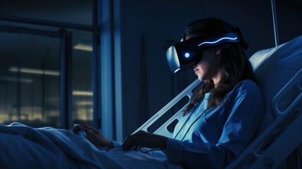 Young woman lies on bed in hospital with virtual reality goggles. Patient treats nervous disorders or rests after medical procedures using simulation. Modern technologies in treatment of diseases