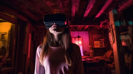 Fototapeta premium Teenage girl wearing virtual reality glasses stands at home. Female user of modern VR device plays digital video game in darkened room with bright pink neon light in wooden house. Realistic gaming