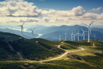 Wind farm. Wind generators in mountain landscape. Development of renewable energy sources