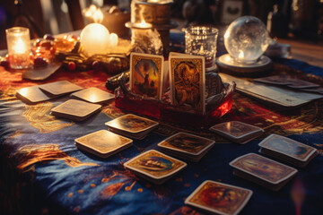 Fototapeta na wymiar Tarot cards and burning candles on wooden table at night. Fortune telling and reading future. Astrology horoscope, esoteric and spiritual concept