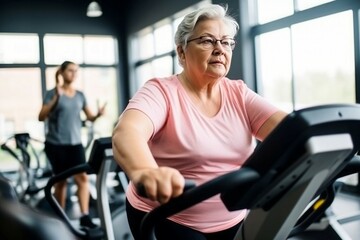 Fototapeta na wymiar Fat woman treadmill. Generate Ai