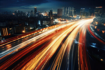 Fototapeta na wymiar Cars headlamp trails with motion blur effect at night city street. Colored lines on road with long exposure effect. City silhouette with skyscrapers and road traffic at night