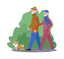 Fototapeta premium An elderly man and woman are walking with a pet, a corgi dog. Cheerful puppy on a leash. Retirement leisure. Active lifestyle. Vector illustration.