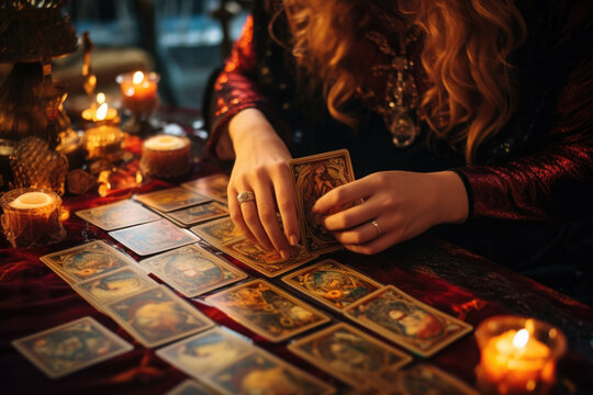 Fortune teller reads tarot cards. Astrology horoscope, esoteric and spiritual concept