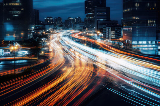 Cars headlamp trails with motion blur effect at night city street. Colored lines on road with long exposure effect. City silhouette with skyscrapers and road traffic at night