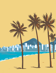 WPA poster art of Copacabana beach in the South Zone of the city of Rio de Janeiro in Brazil done in works project administration or Art Deco style.
