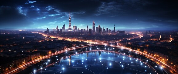 Urban Night Glows with Neon Lights. Aerial Digital Symmetry.
