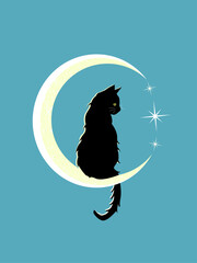 An elegant and mysterious black cat with stars sitting on the lunar month.