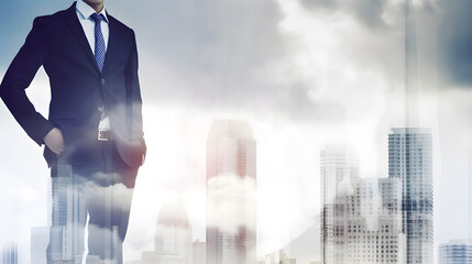 Double exposure image of businessman and city with skyscrapers.