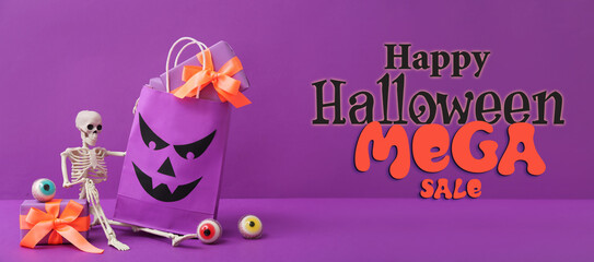 Banner for Halloween sale with shopping bag and gifts