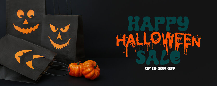 Banner for Halloween sale with shopping bags and pumpkins