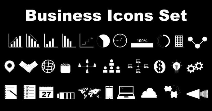 Set of business, finance, infographic icons on green screen background to make them transparent