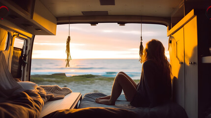Beach scene and girl inside the camper van at sunset.