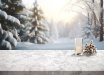 Abstract empty marble table top with candle and copy space over christmas winter bokeh blurred light background