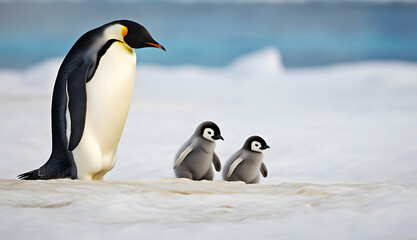 Fototapeta premium Dad or mom and baby penguins. Father love, bond and parenting concept.