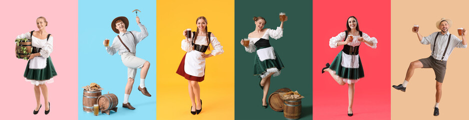 Group of happy German people in traditional clothes, with tasty beer and snacks on color background