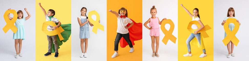 Set of children with golden ribbons on color background. Childhood Cancer Awareness Month