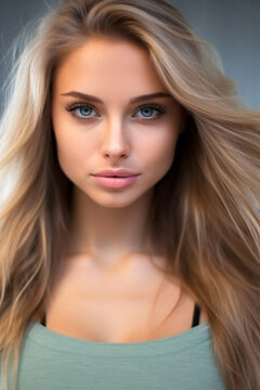 Portrait of a beautiful woman with blonde hair and green eyes. 