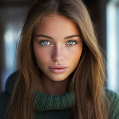 Naklejka premium Portrait of a beautiful woman with brown hair and green eyes. 