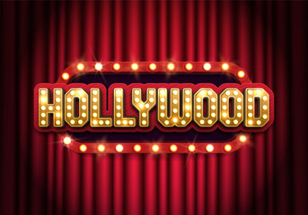 Bright Hollywood sign with a curtain. Movie banner or poster in retro style. Vector illustration.