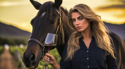 Fototapeta na wymiar Woman in the field, red wine glass