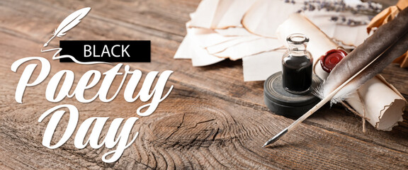 Banner for Black Poetry Day with quill pen, ink and paper sheets