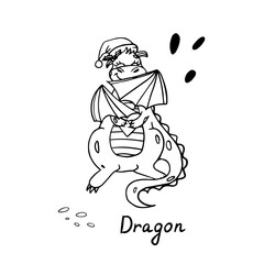 Cartoon dragon in doodle style. Symbol of the New Year 2024. Coloring page. Dino character for children. Chinese calendar animal. Great for design, greeting card, playroom. Hand drawn. 