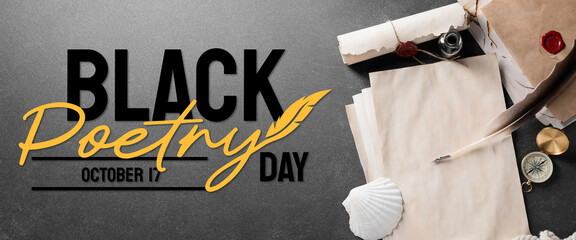 Banner for Black Poetry Day with quill pen, ink and paper sheets