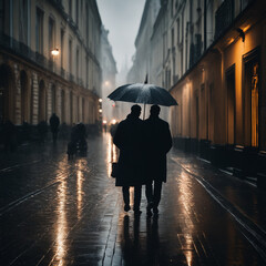 Two men in black clothes under a black umbrella on the street during the rain in the evening.