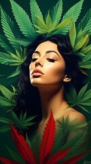 Leafy Elegance: An Enchanting Illustration of a Woman's Face with Marijuana Leaves