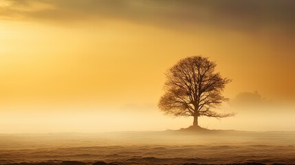 Golden fog in autumn sunset, lonely tree in a field illuminated from an equinox sun. Season welcoming autumnal meditative dusk mood.
