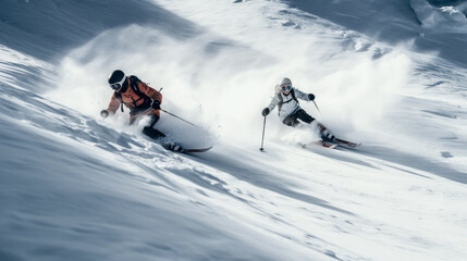 Naklejka na ściany i meble Two skiers raced down a snowy slope in perfect harmony.