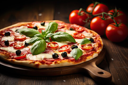 Pizza with salami, chees,  basilia and vegetables