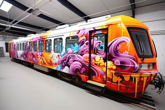 Vibrantly painted passenger train.